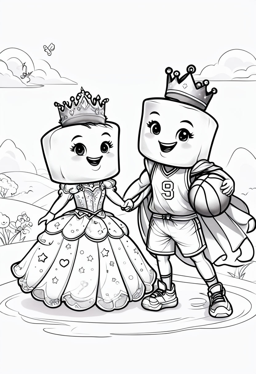 Joyful Marshmallow Princess and Prince Holding Hands Illustration Sticker