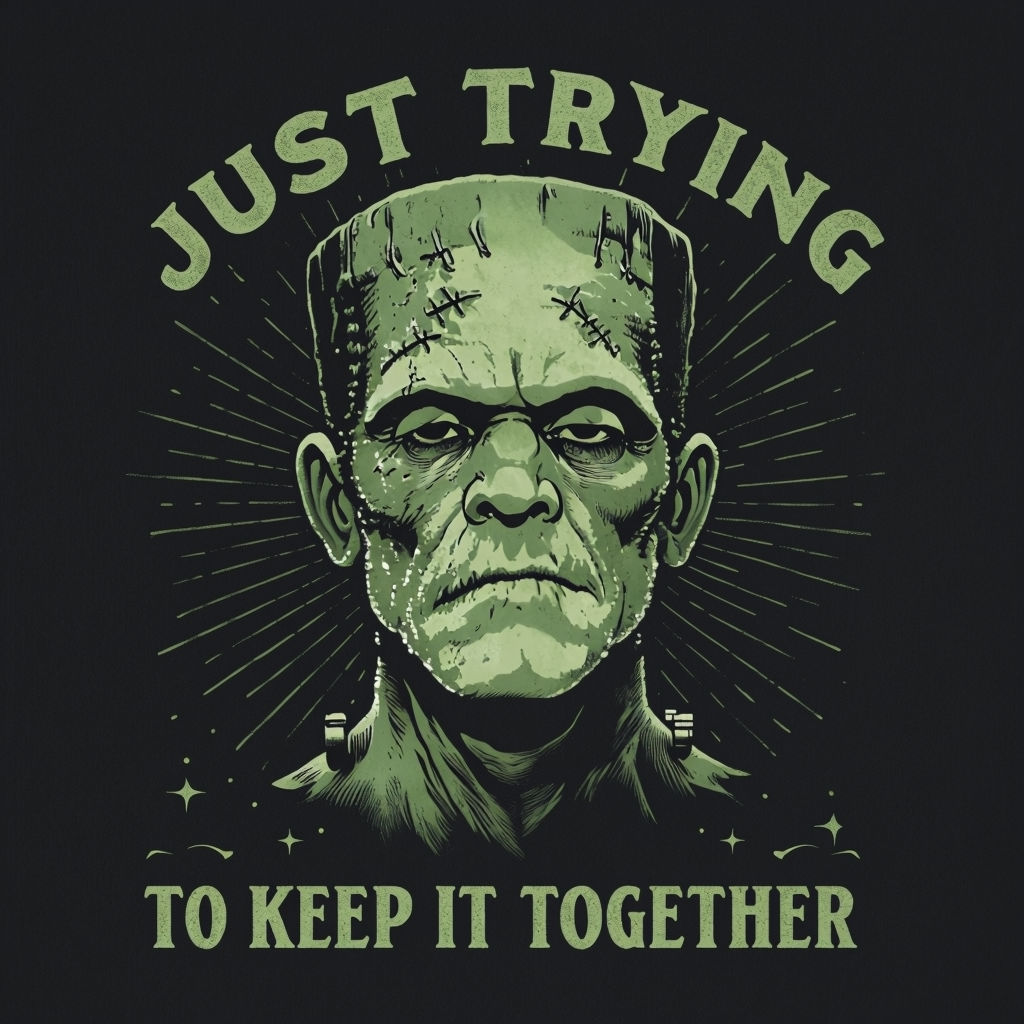 Vintage Frankenstein Graphic with Just Trying To Keep It Together Text T-Shirt