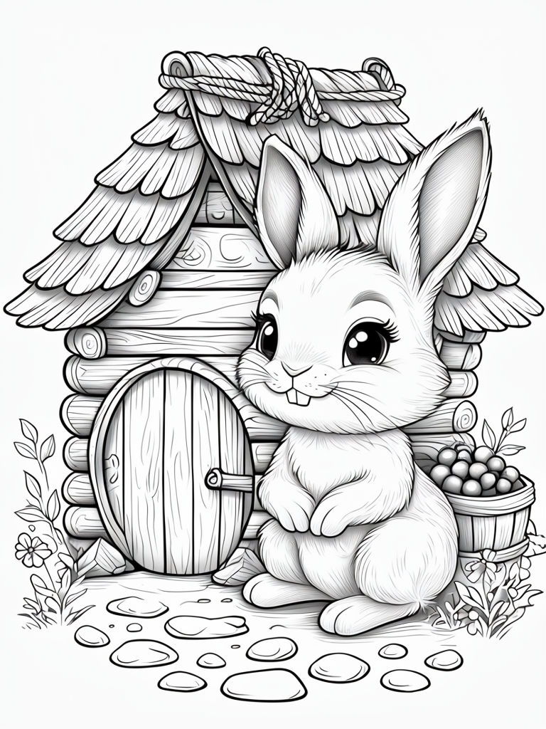 Adorable Cartoon Rabbit by Log Cabin Outline Drawing Coloring Book Pages