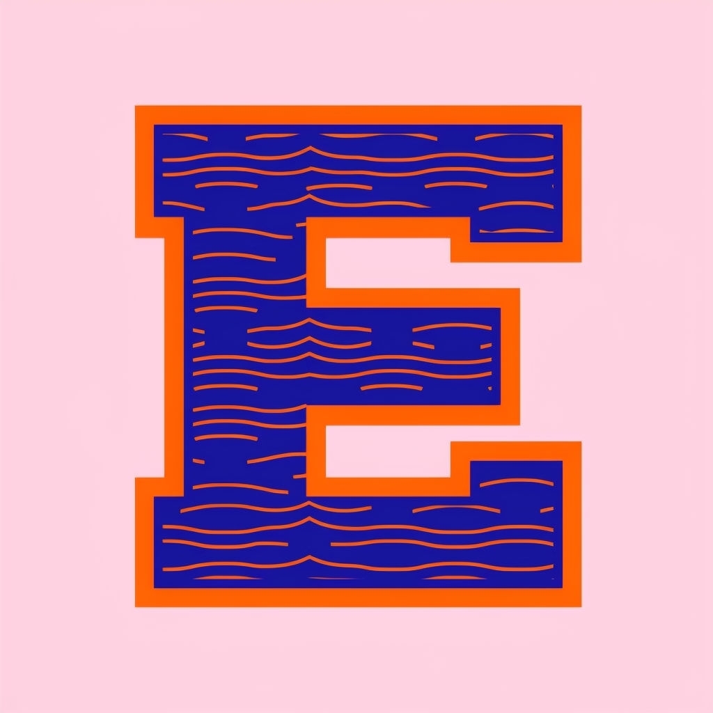 Stylized Blue 'E' Monogram with Orange Pattern on Pink Background Monogram
