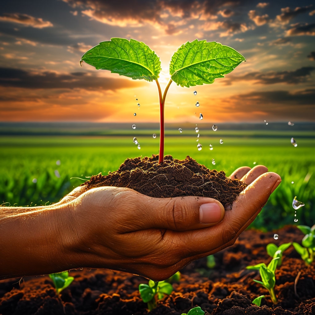 Gentle Hand Cradling Plant Under Golden Light Art