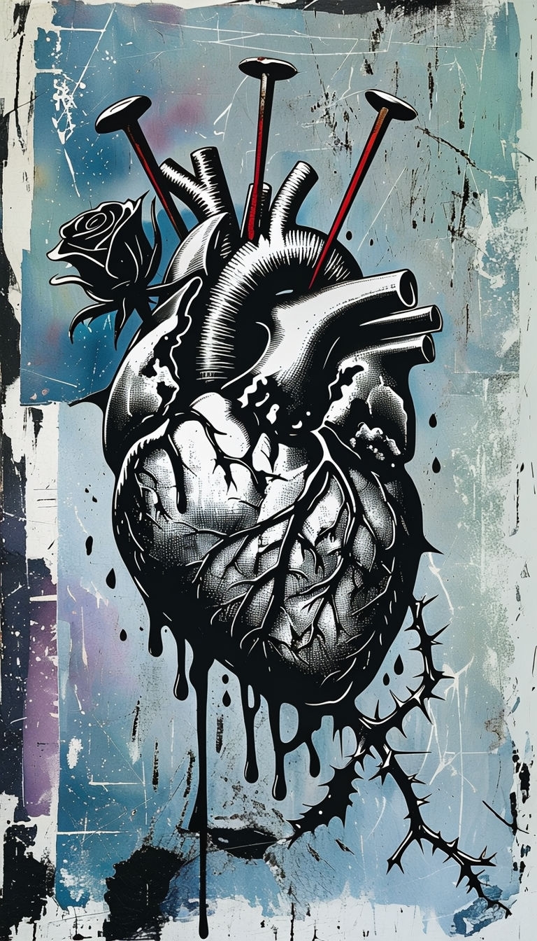 Striking Black and White Human Heart with Nails and Rose Mobile Wallpaper