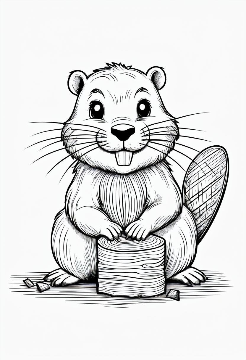 Friendly Beaver Line Drawing Gnawing on a Log Coloring Book Page