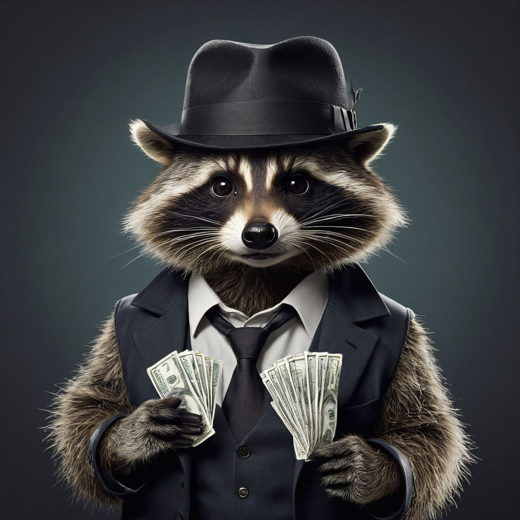 Anthropomorphic raccoon wearing a gangster hat and holding m... by ...