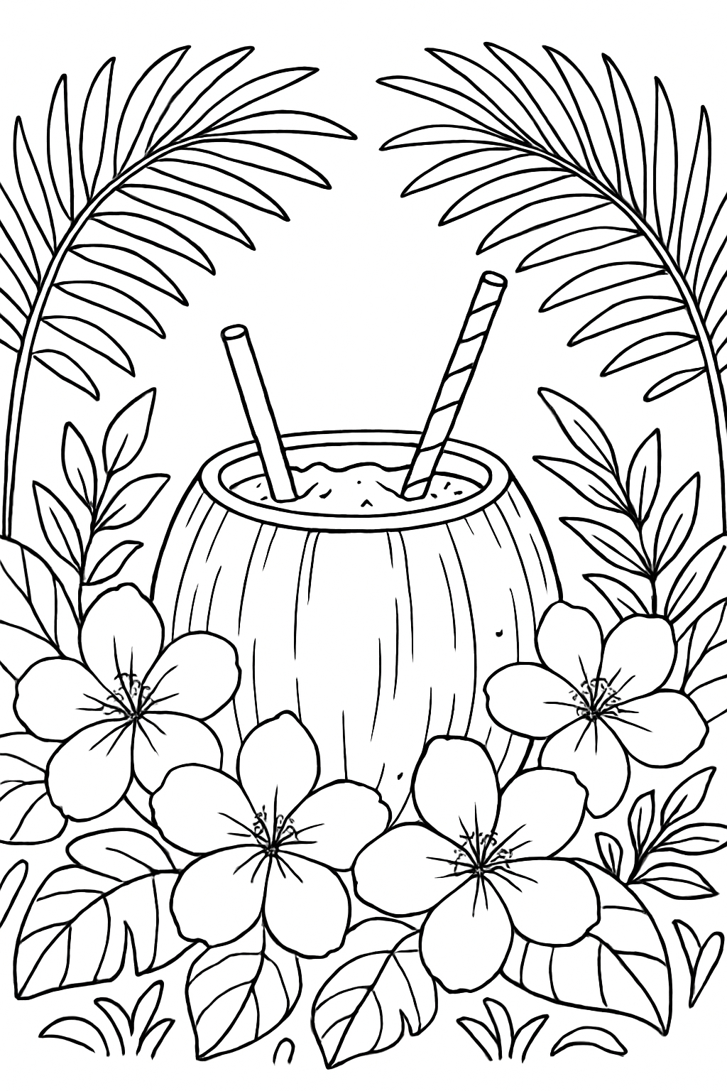 Tropical Coconut Drink with Flowers and Palm Fronds Coloring Page