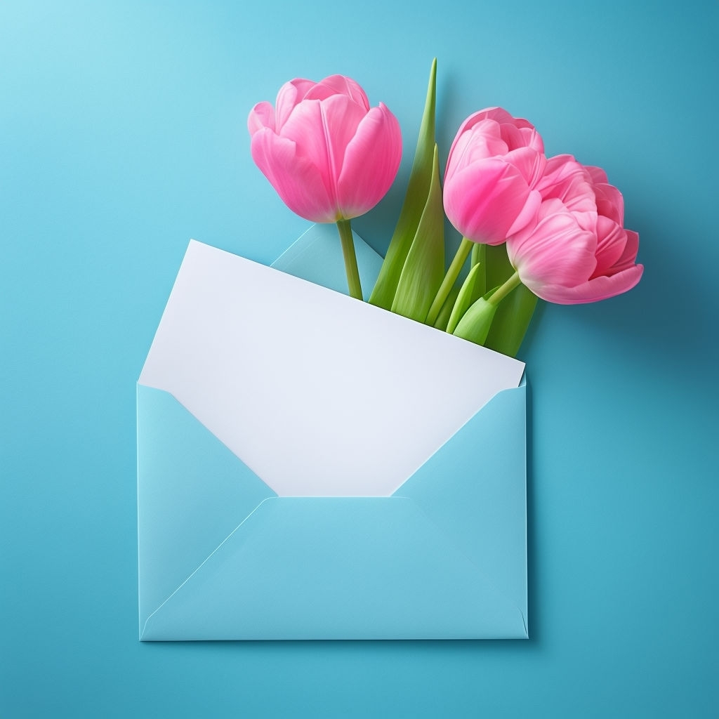 Minimalist Light Blue Envelope with Pink Tulips Mockup