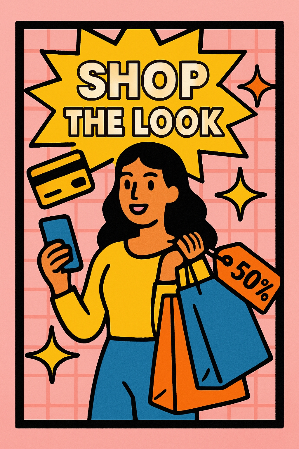 Cheerful Cartoon Woman Shopping with Smartphone and Bags Social Media Post