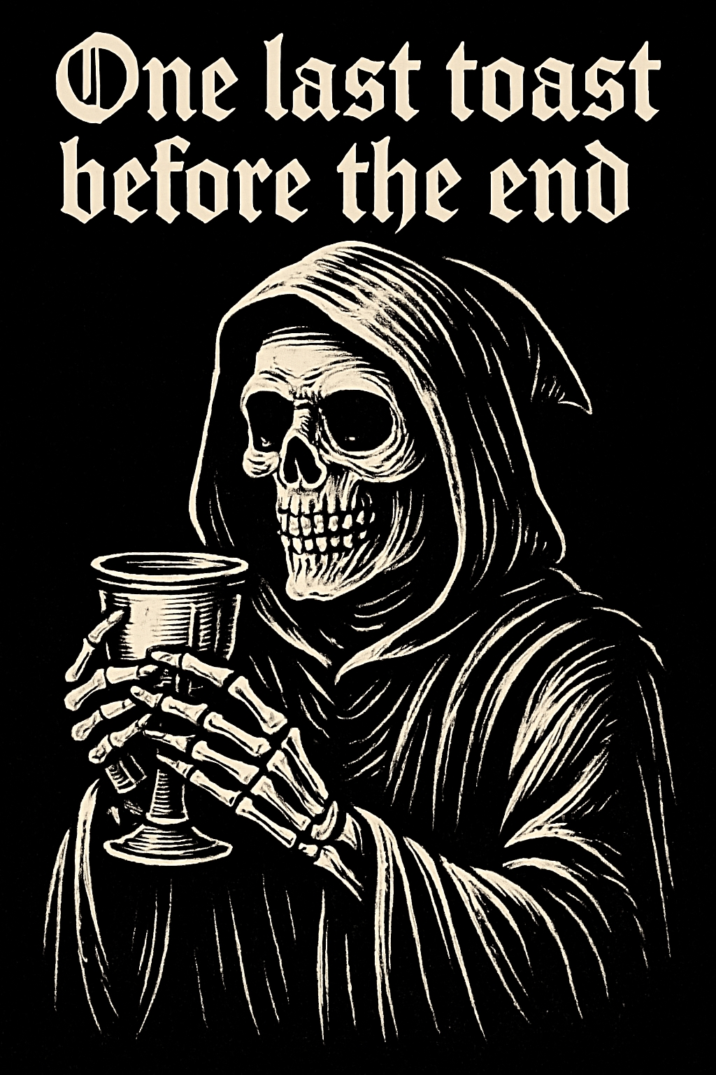 Gothic Grim Reaper with Toast Message Black and White T-Shirt