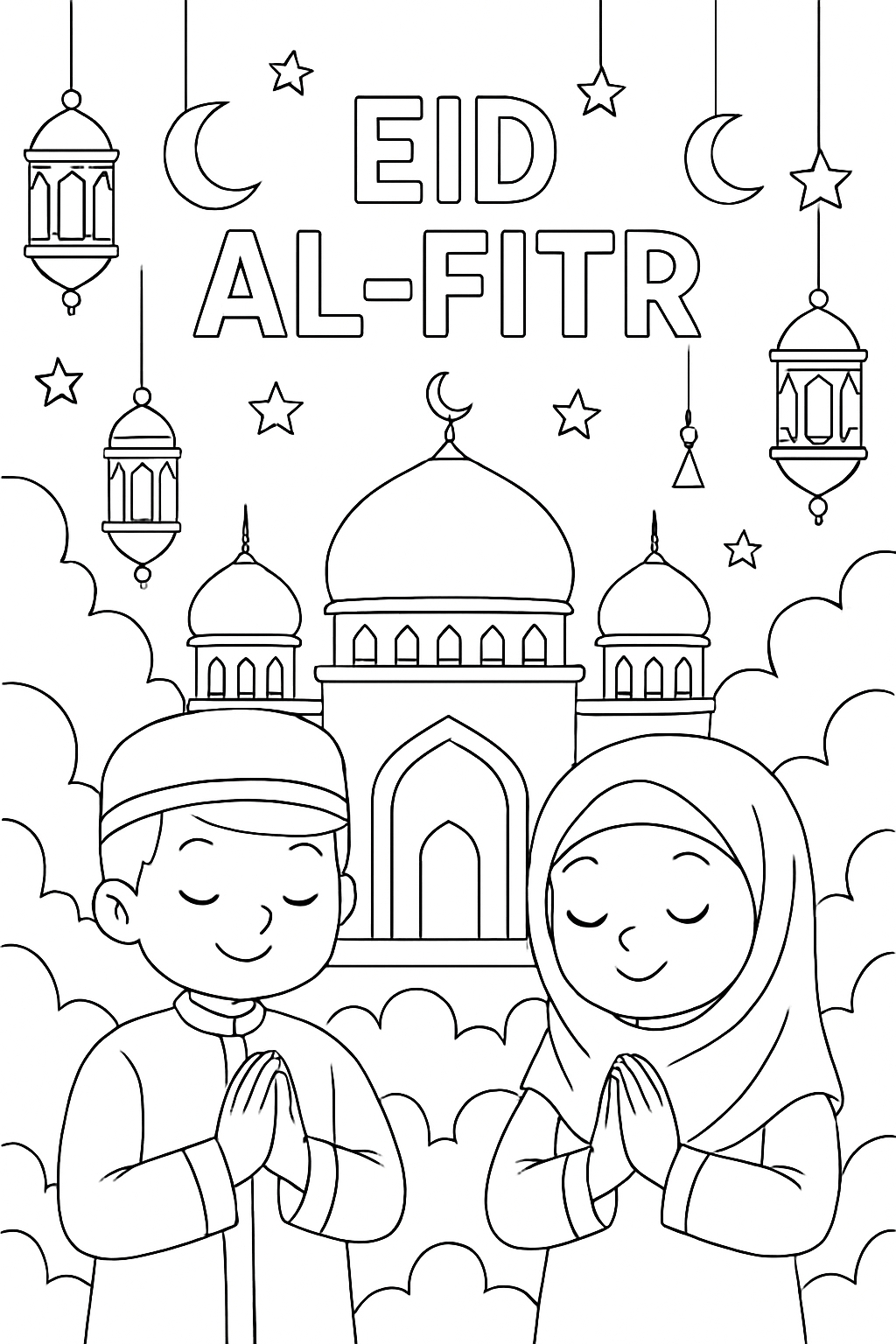 Eid al-Fitr Festive Scene Coloring Page with Children and Mosque
