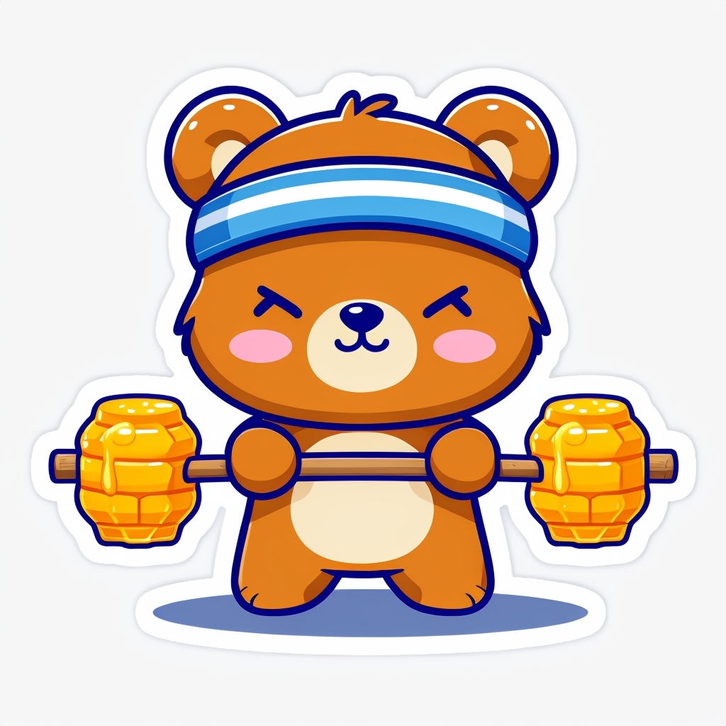 Determined Cartoon Bear Lifting Honeycomb Barbell Sticker