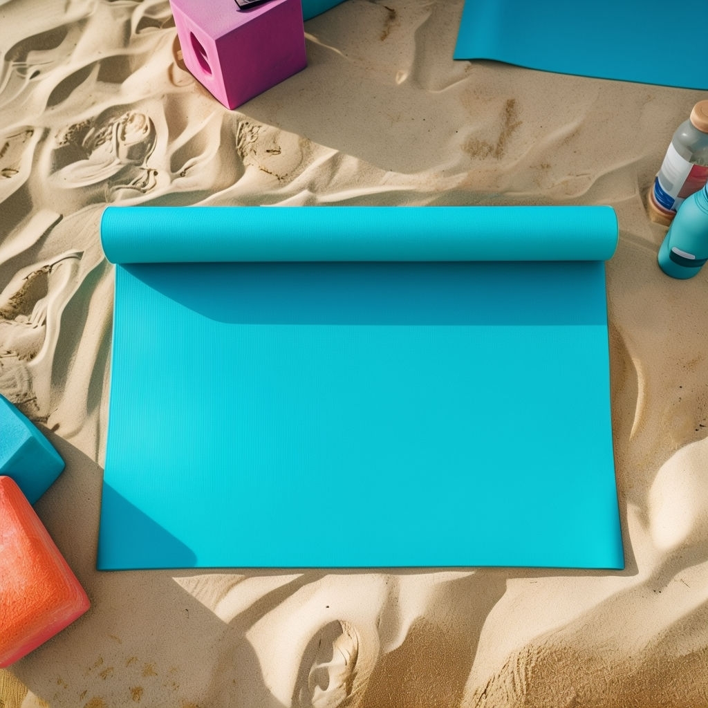 Bright Turquoise Yoga Mat and Colorful Blocks Art