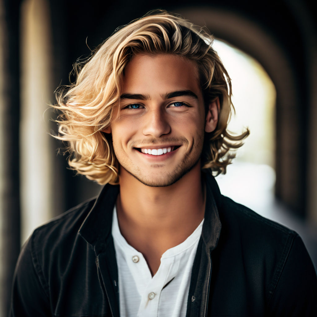 24 year old man with tanned skin and wavy blond hair