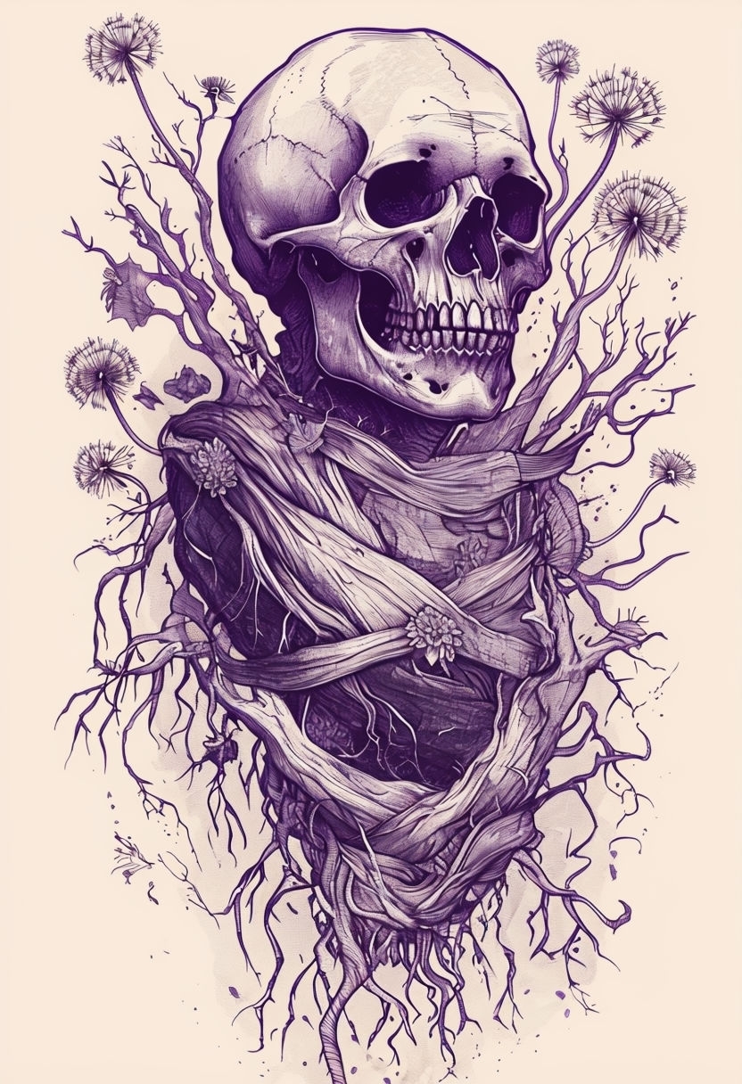 Intricate Dark Skull and Botanical Elements Art Illustration