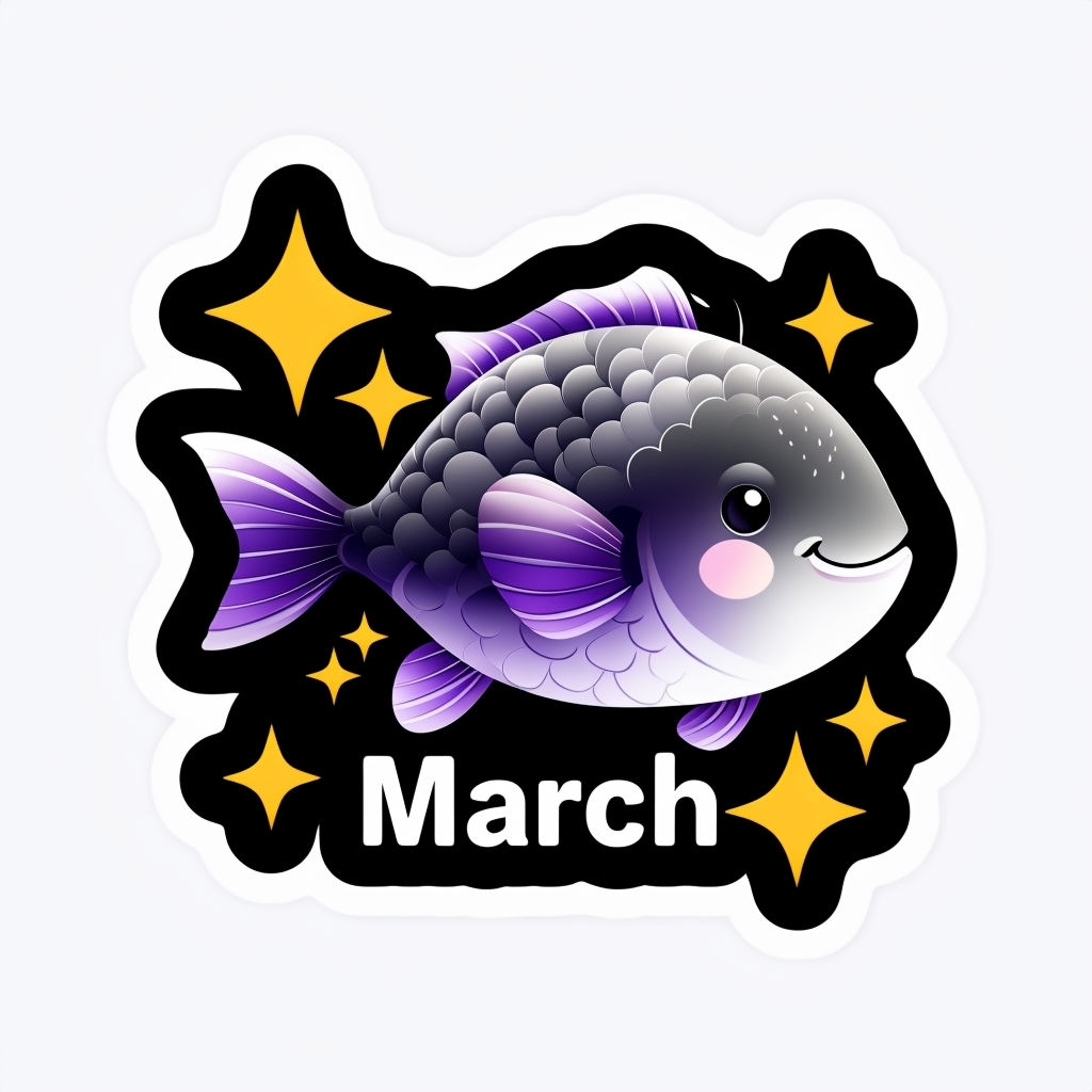 Whimsical Purple Fish with Stars and March Text Sticker