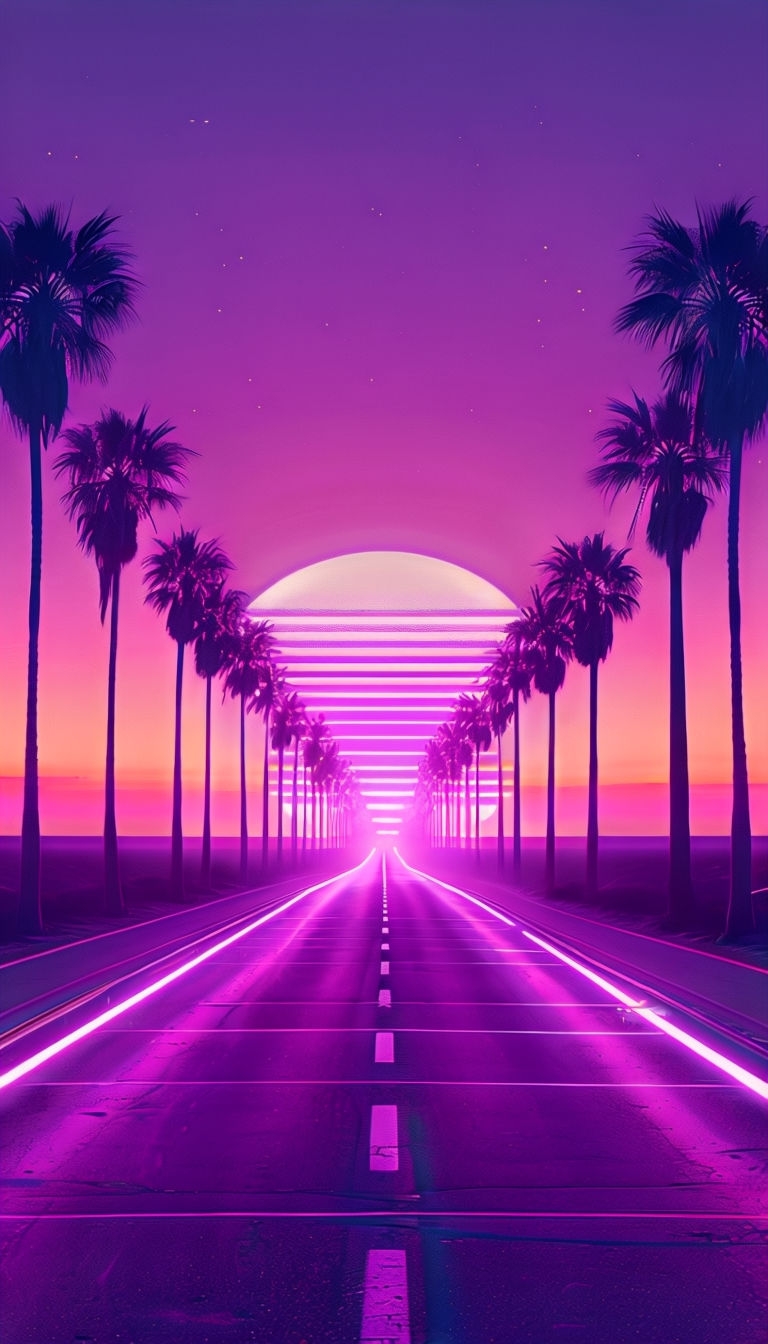 Retro 80s Purple-Pink Neon Highway with Palm Trees Mobile Wallpaper