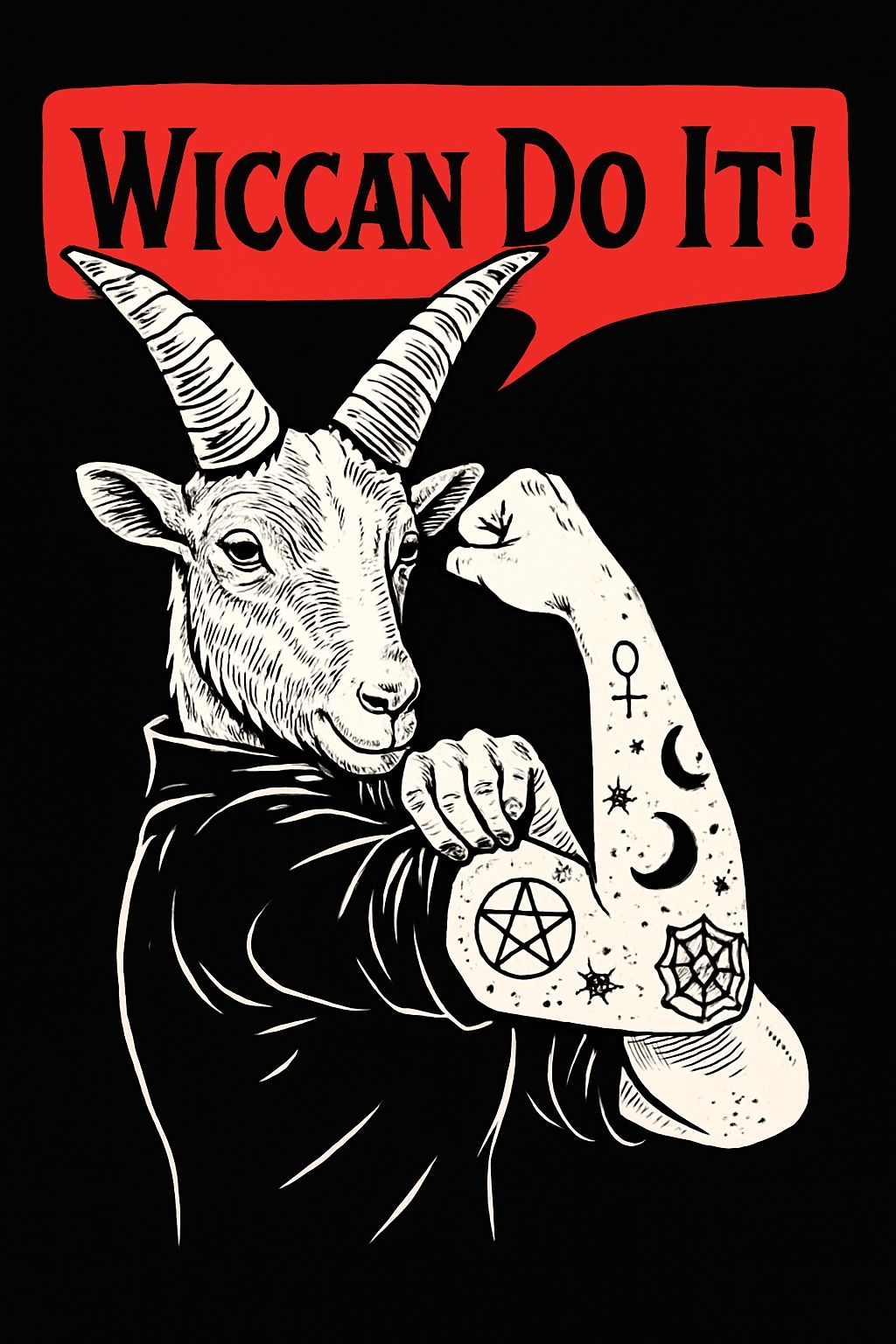 Empowering Wiccan Goat Illustration with Bold Speech Bubble Poster