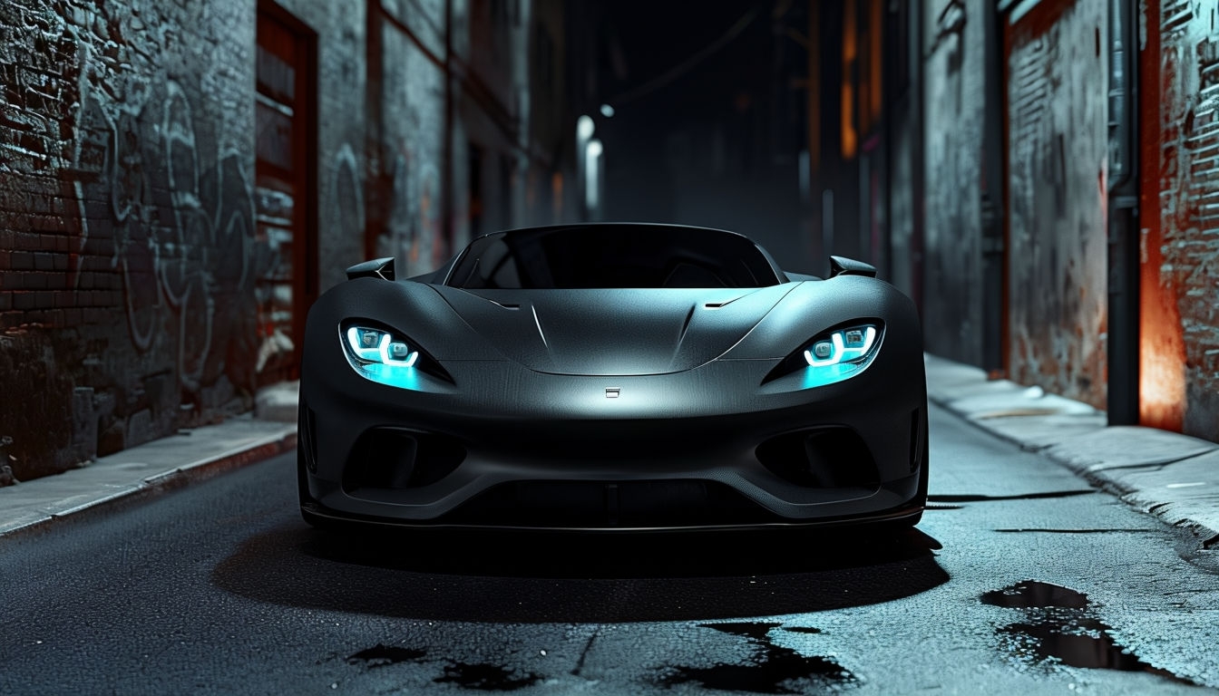 Sleek Matte Black Hypercar in Urban Night Alley Virtual Background