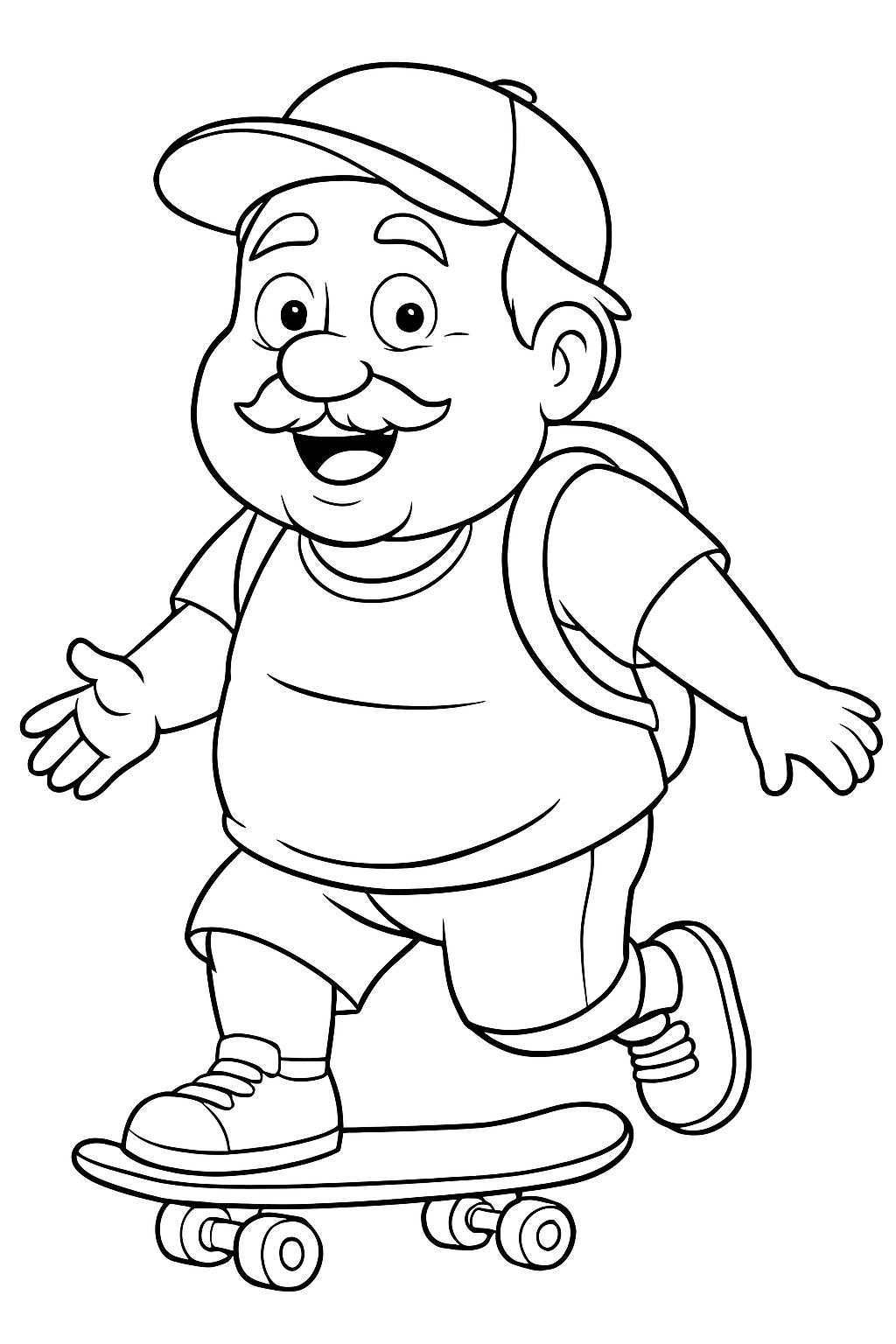 Cheerful Cartoon Elderly Man Skateboarding Line Drawing Coloring Book Pages
