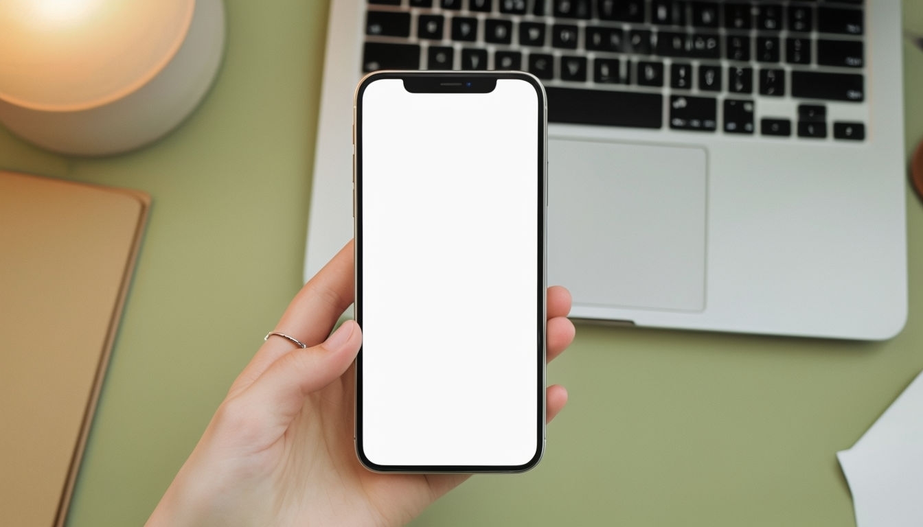 Modern Smartphone Overhead Flat Lay in Productive Workspace Mockup