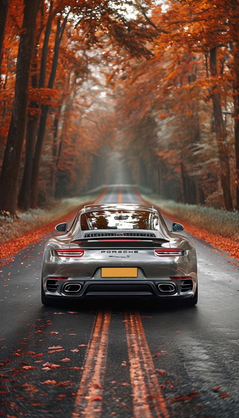 Sleek Metallic Silver Porsche 991 Turbo S in Autumn Landscape Poster