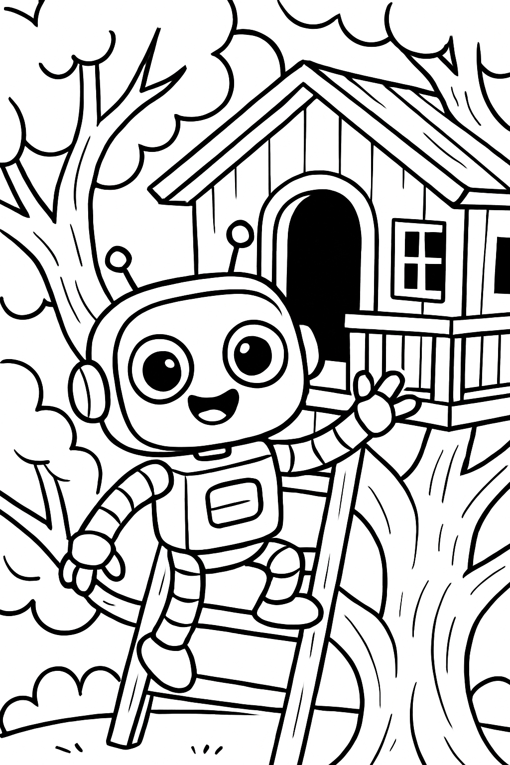 Cheerful Cartoon Robot Climbing Ladder to Treehouse Coloring Book Page