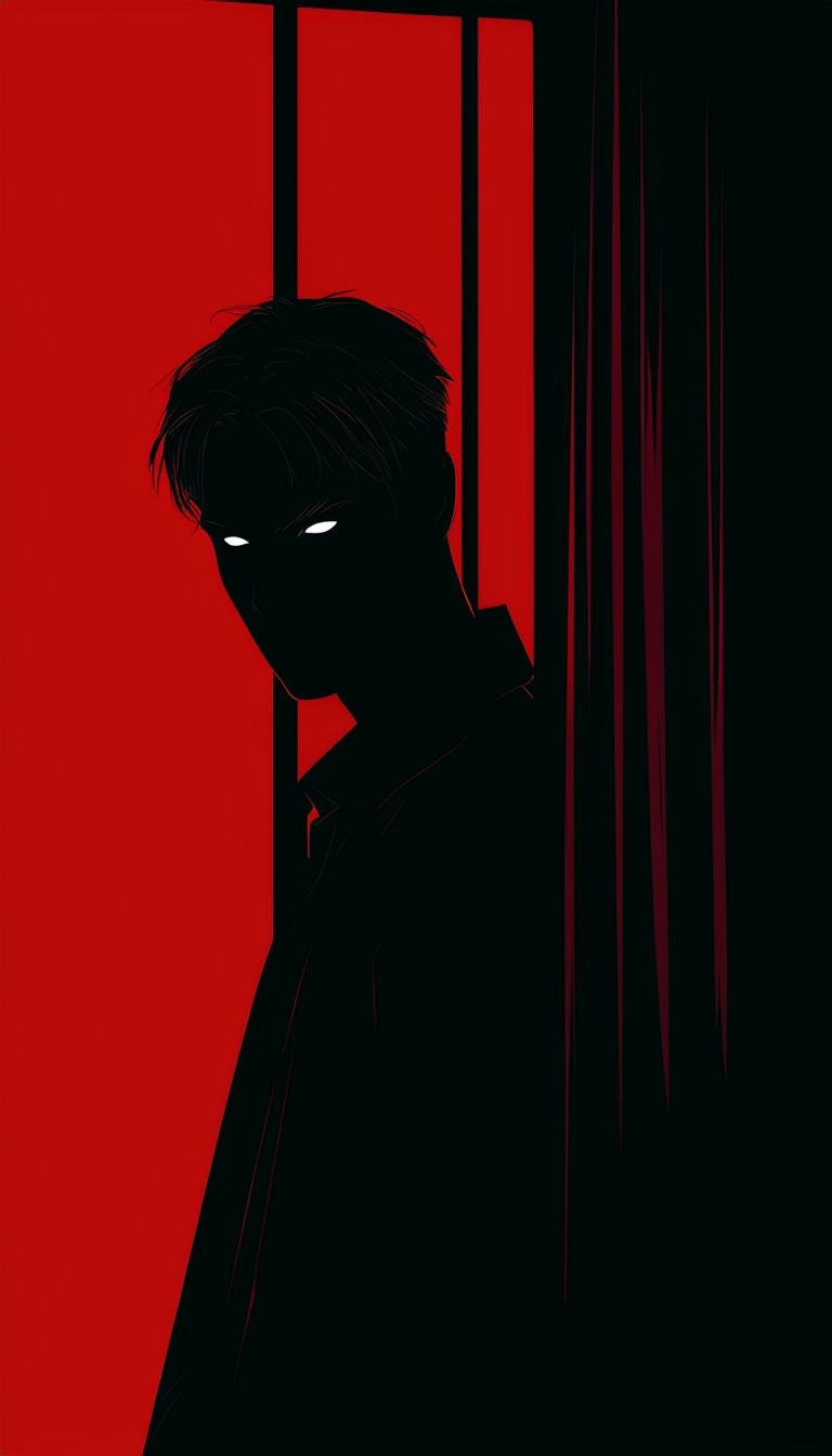 Ominous Shadowy Figure with Glowing Eyes on Red Background Mobile Wallpaper