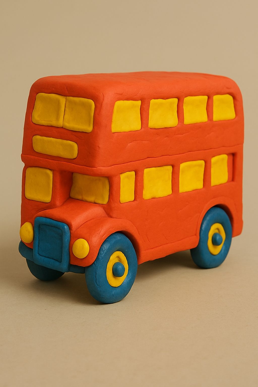 Vibrant Orange Double-Decker Bus Clay Sculpture Art