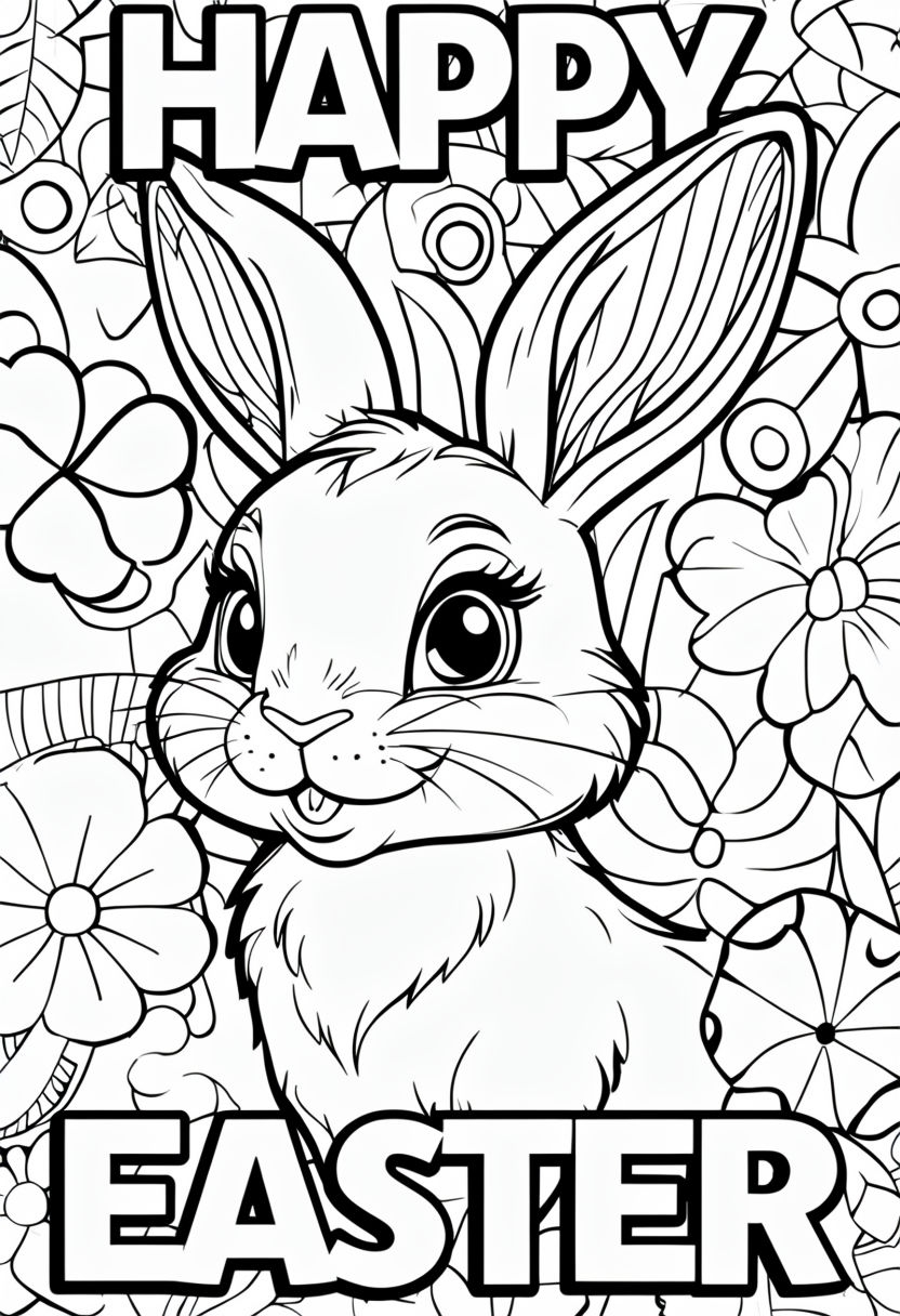 Cheerful Cartoon Rabbit with Floral Patterns Coloring Page