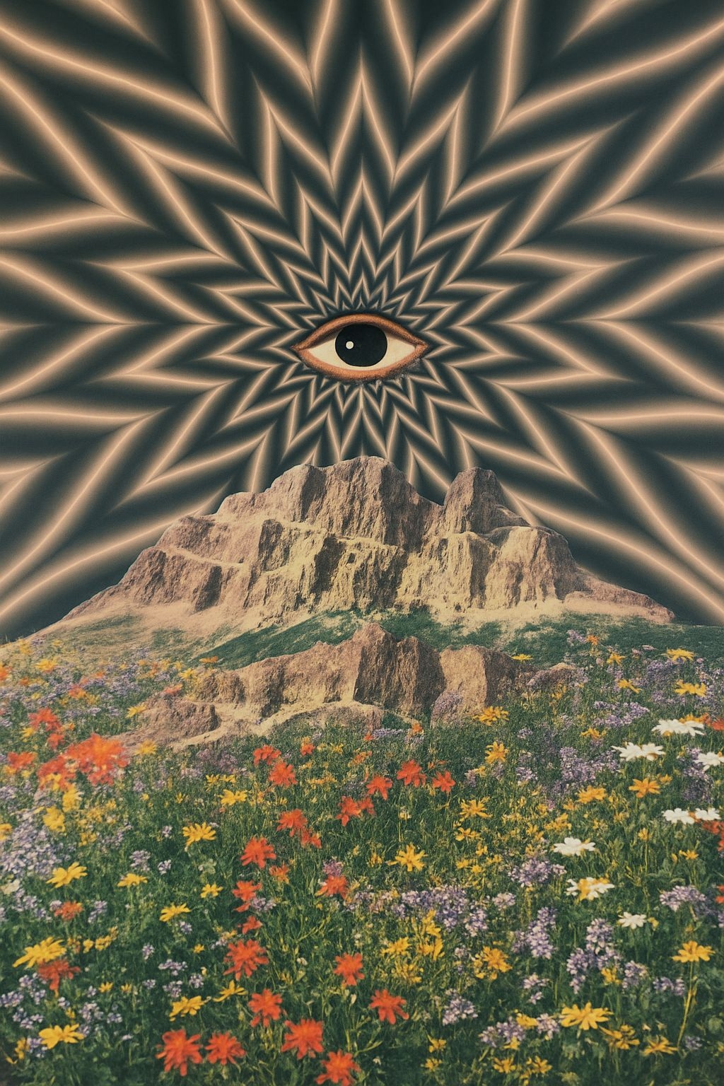 Mystical Surreal Flower Meadow with Eye and Mountain Artwork Art