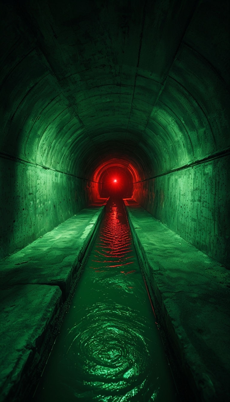 Eerie Underground Tunnel with Red Light Reflection Mobile Wallpaper
