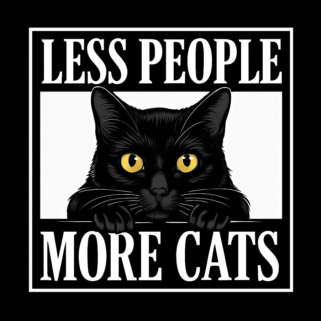 Striking Black Cat Illustration with Bold 'Less People More Cats' T-Shirt