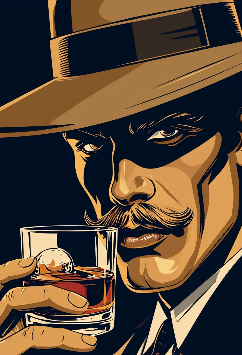 Mysterious Gentleman with Whiskey Vintage Comic Illustration Art