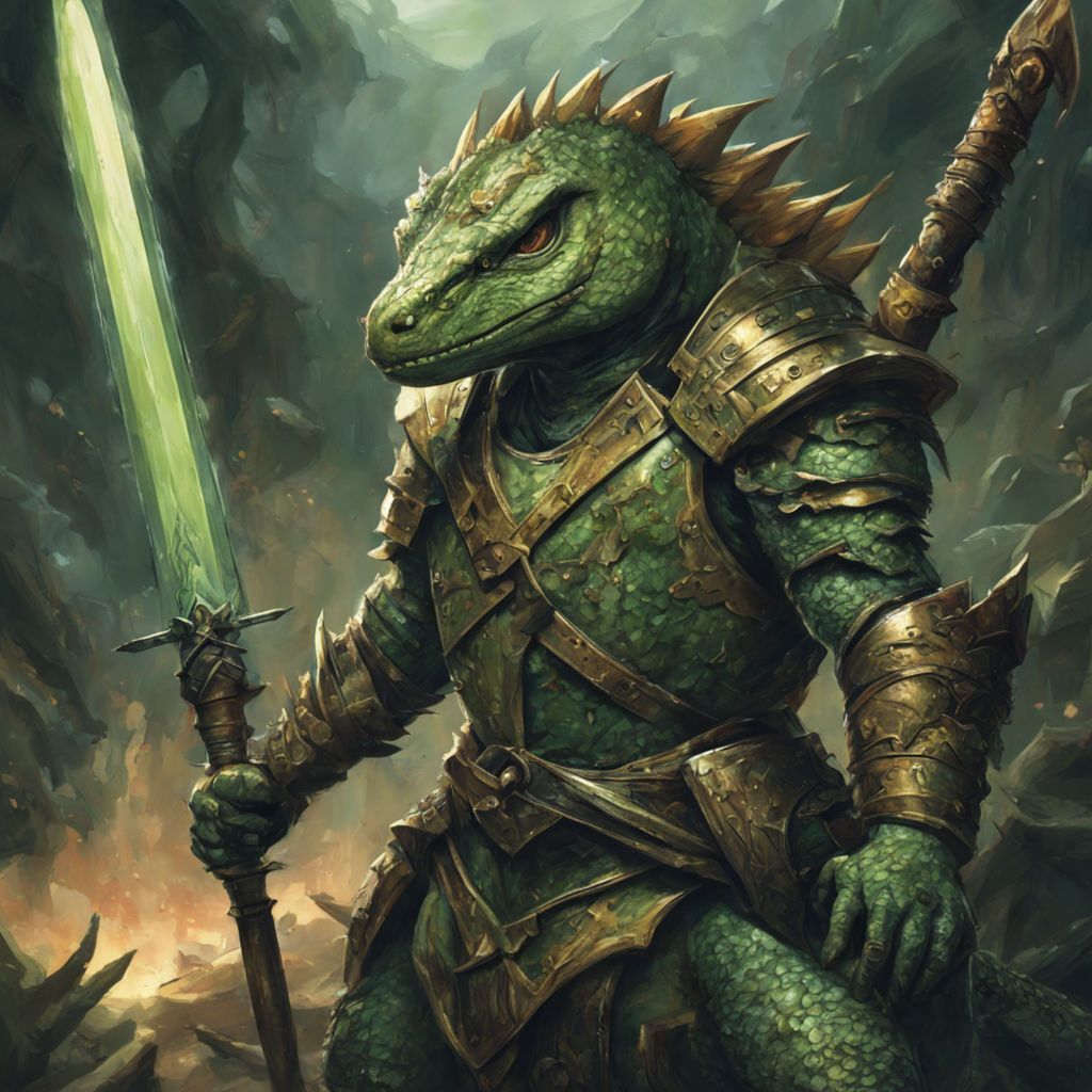 Green Lizardfolk wearing armor and holding a big sword by Ernesto Reyes ...