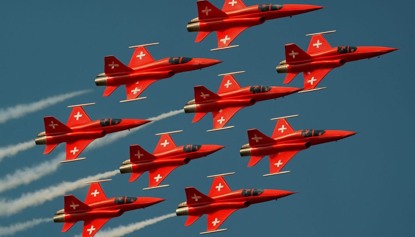 Red Fighter Jets Formation Against Clear Blue Sky Background Virtual Backgrounds