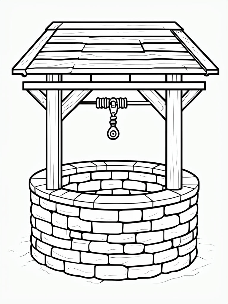 Rustic Stone Well Detailed Line Drawing for Coloring Book Pages