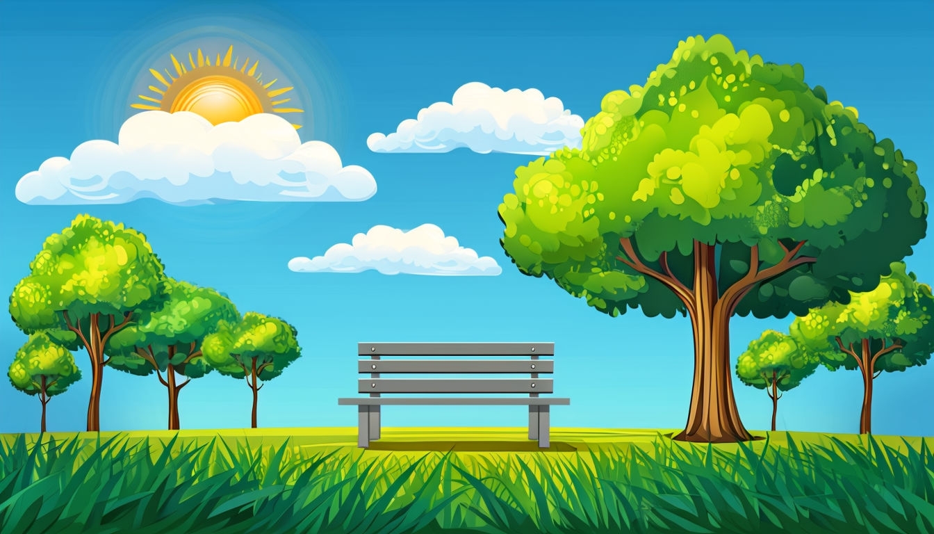Sunny Cartoon Landscape with Tree and Bench Virtual Background