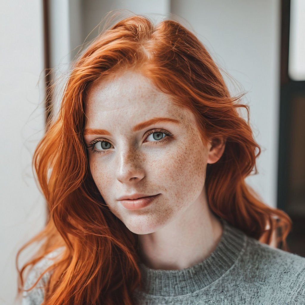 red hair and gray skin