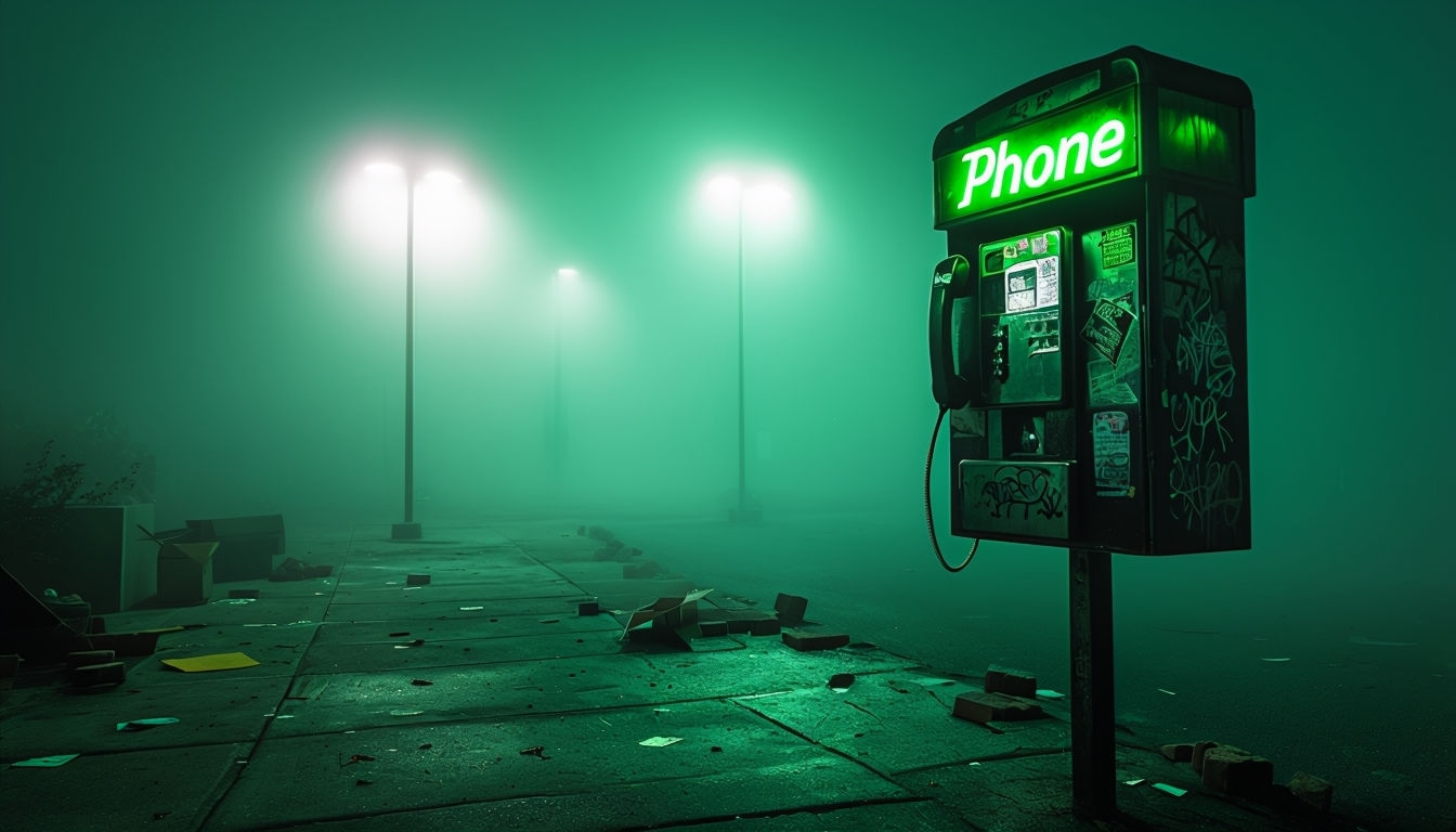 Eerie Foggy Public Space with Vintage Payphone Virtual Background