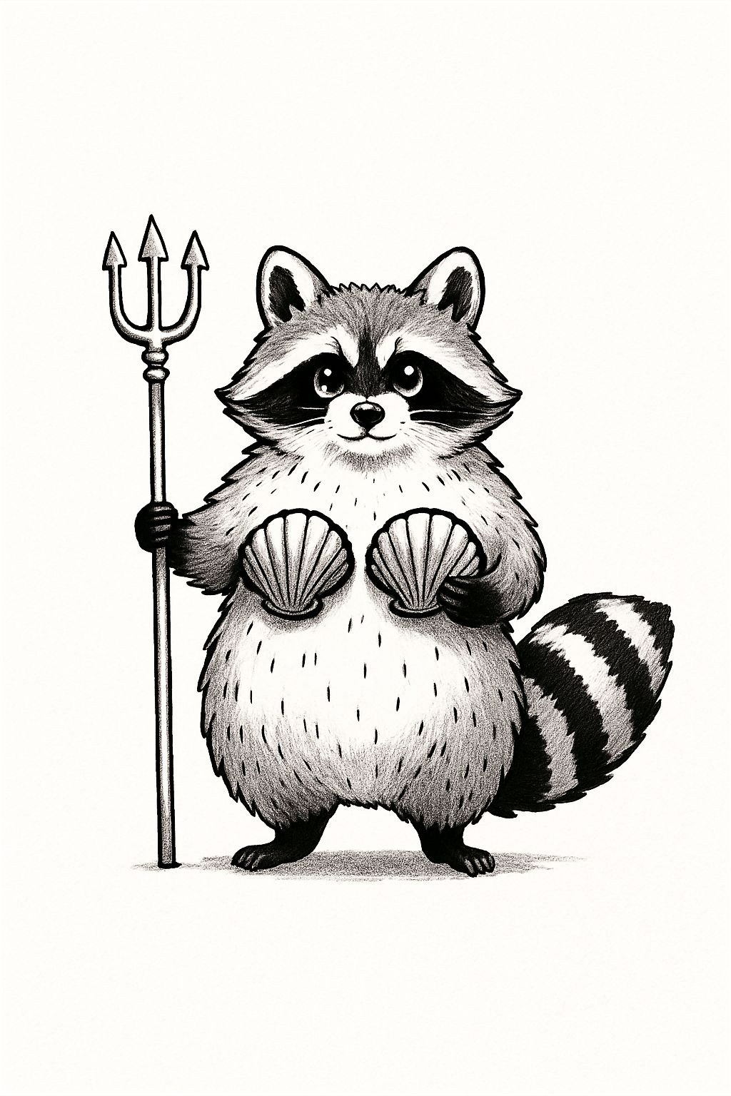 Playful Cartoon Raccoon with Trident and Shells T-Shirt