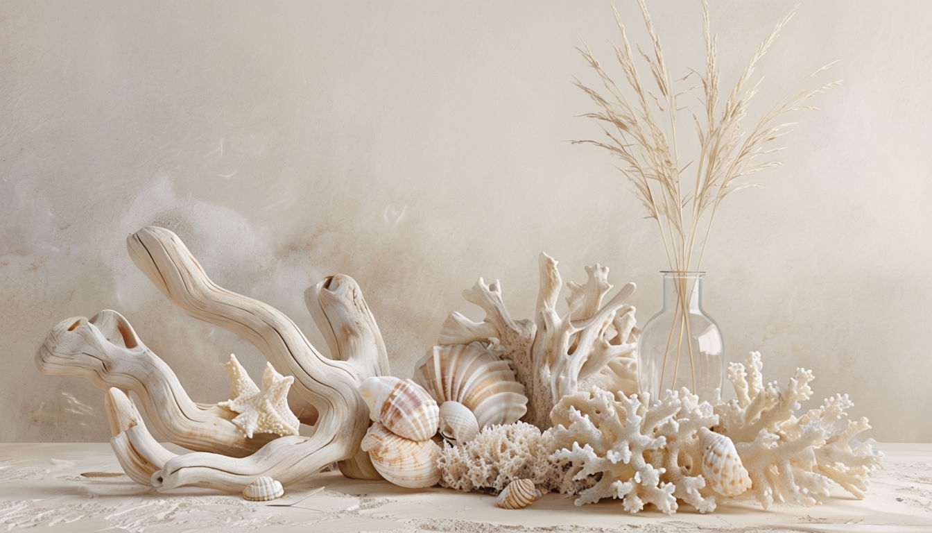 Artistic Coastal Still Life with Driftwood and Shells Background