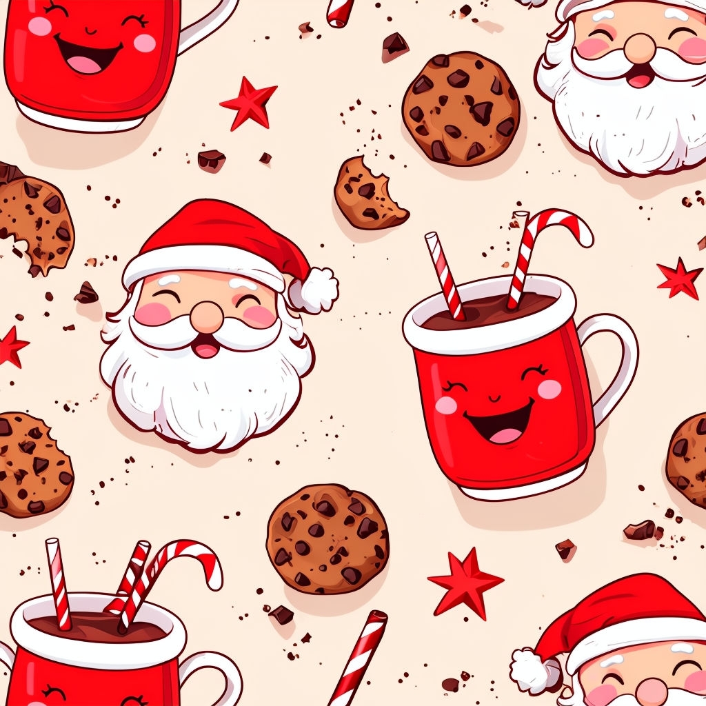 Cheerful Santa Claus Mugs and Cookies Seamless Pattern