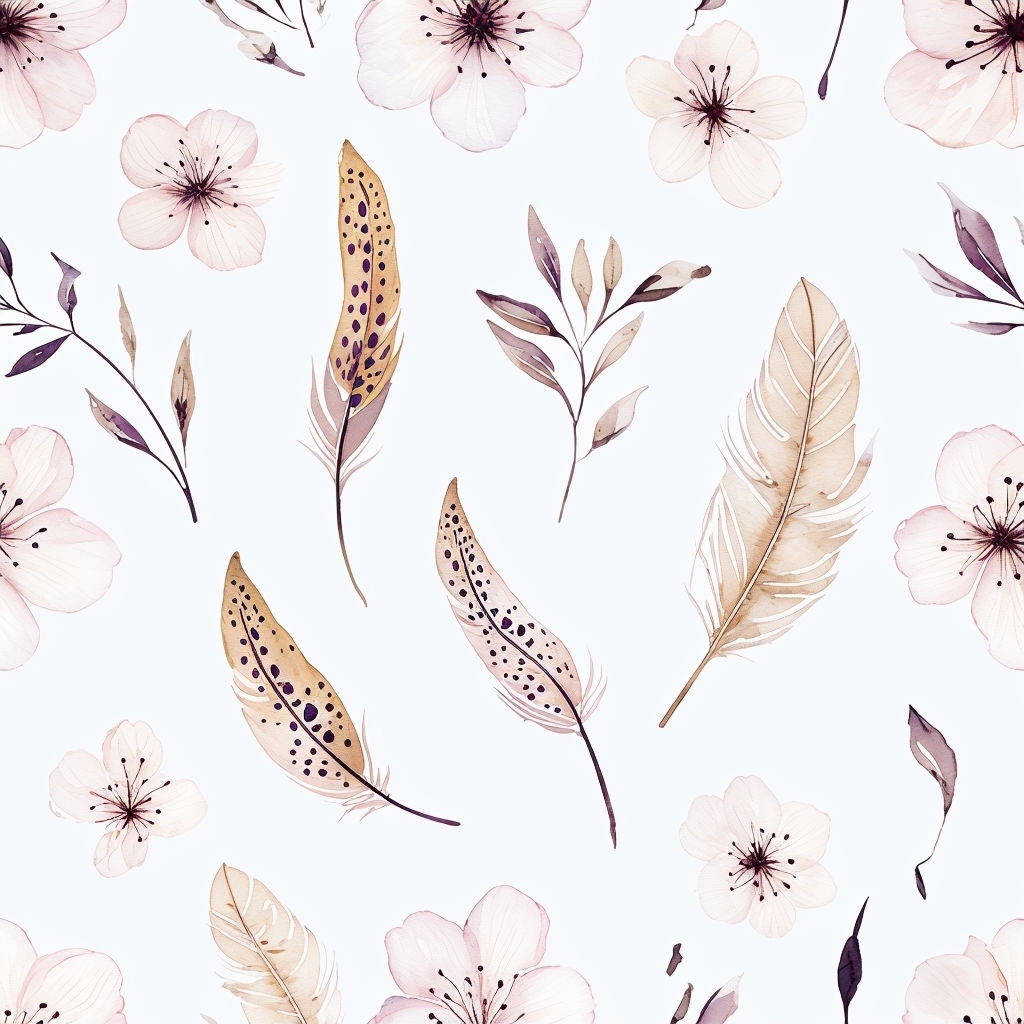 Delicate Floral and Feather Minimalist Watercolor Pattern Design Seamless Pattern