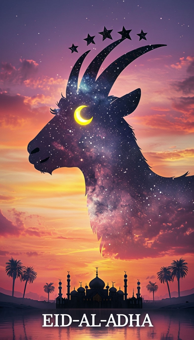 Eid-al-Adha Cosmic Goat Silhouette Against Vibrant Sunset Social Media Post