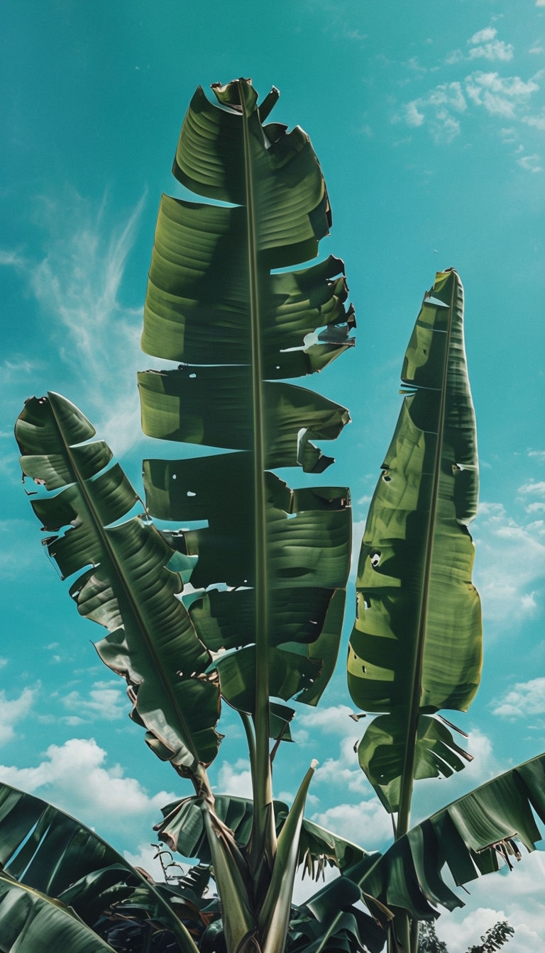 Vibrant Tropical Banana Leaves Against Blue Sky Mobile Wallpaper