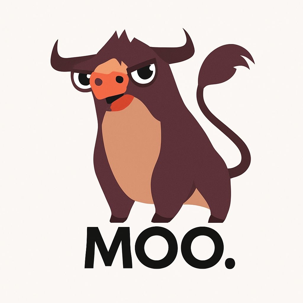 Mischievous Cartoon Bull with MOO Text Illustration Sticker