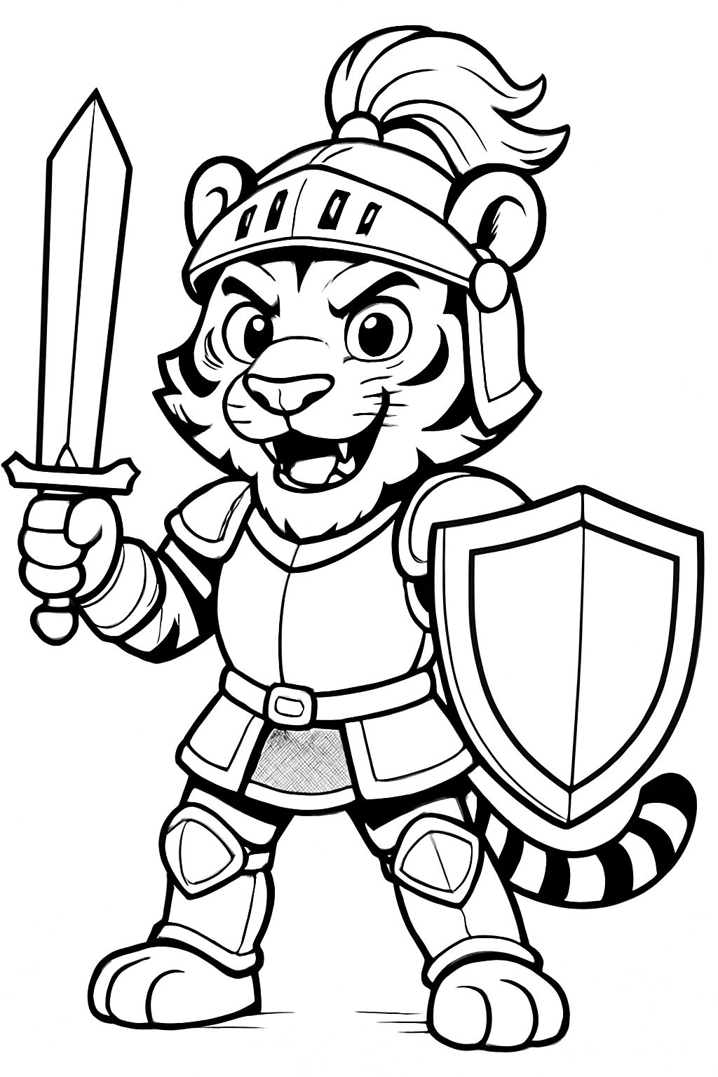 Confident Cartoon Tiger Knight Line Drawing for Coloring Book Pages