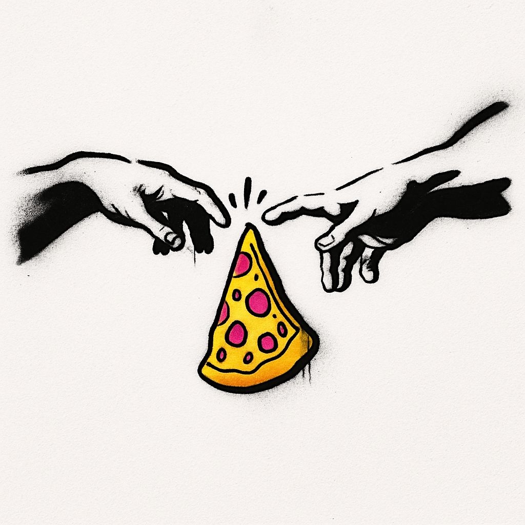 Playful Graffiti Hands Reaching for Pizza Mural Art