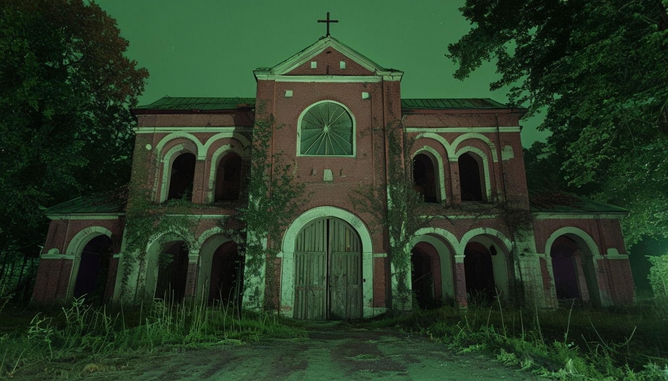 Abandoned Church at Night with Surreal Green Atmosphere Background