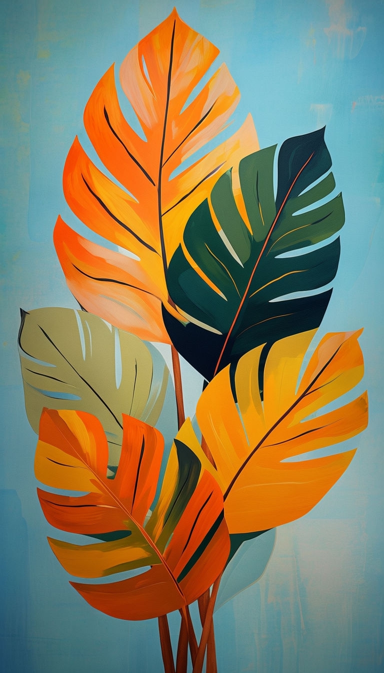 Vibrant Tropical Leaves Abstract Painting for Mobile Wallpaper