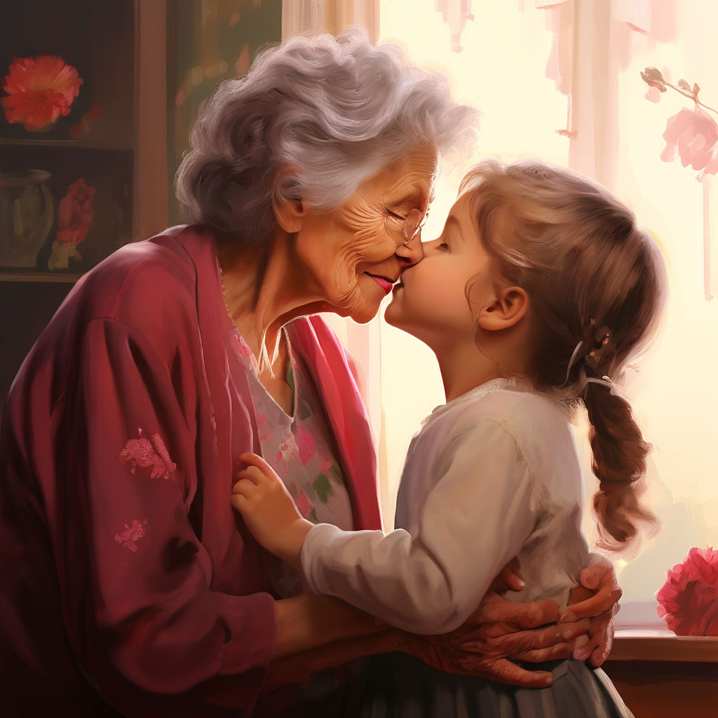 Older woman kissing gorgeous young girl